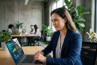 Femme professionnelle consultant son profil de carrière sur un outil numérique pour préparer son évolution professionnelle