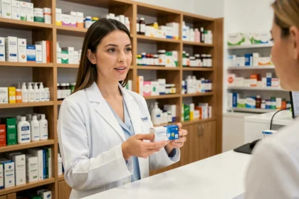 Femme parapharmacienne en blouse blanche conseillant une cliente derrière un comptoir de parapharmacie moderne rempli de produits de santé et de beauté