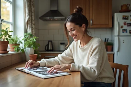 Femme souriante feuilletant un album photo en cuisine chaleureuse