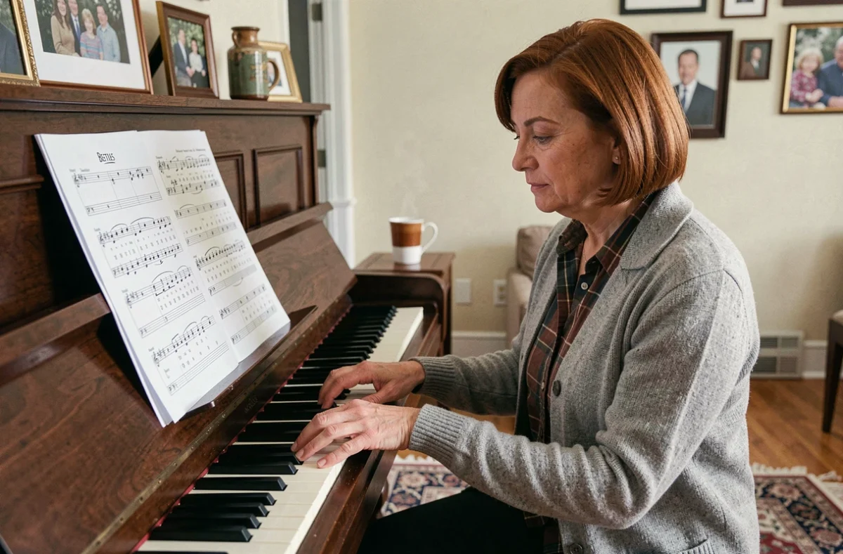 Femme pianiste lisant une tablature Let It Be des Beatles sur un piano droit dans un salon cosy