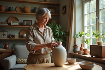 Femme examinant un vase en céramique dans un salon lumineux