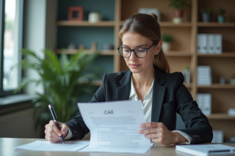 Femme d'affaires concentrée examinant un document CAE