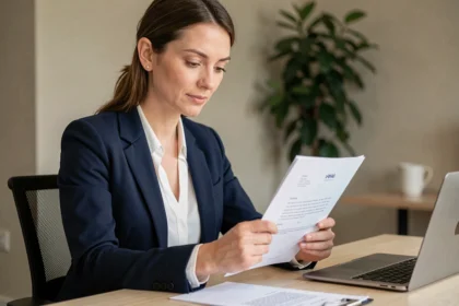 Femme professionnelle relisant une lettre de motivation à son bureau dans un open space moderne
