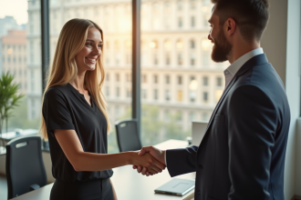 Jeune femme professionnelle serrant la main d'un manager dans un bureau lumineux
