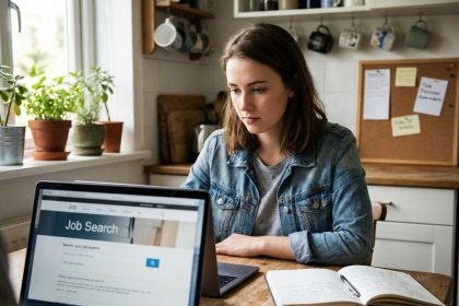 Jeune femme en cuisine recherche emploi sur son ordinateur