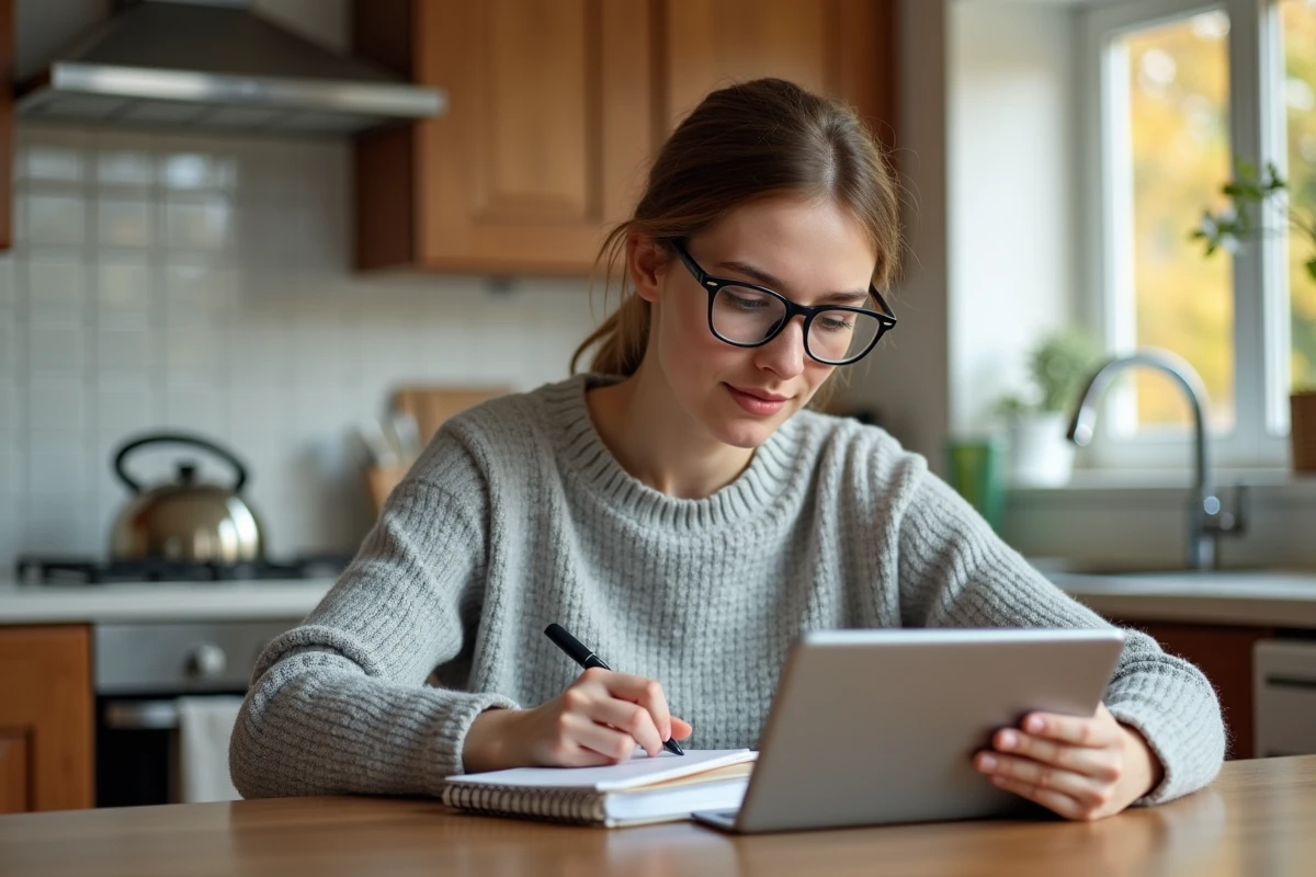 Jeune femme étudiante relisant Cristolink sur sa tablette à la maison