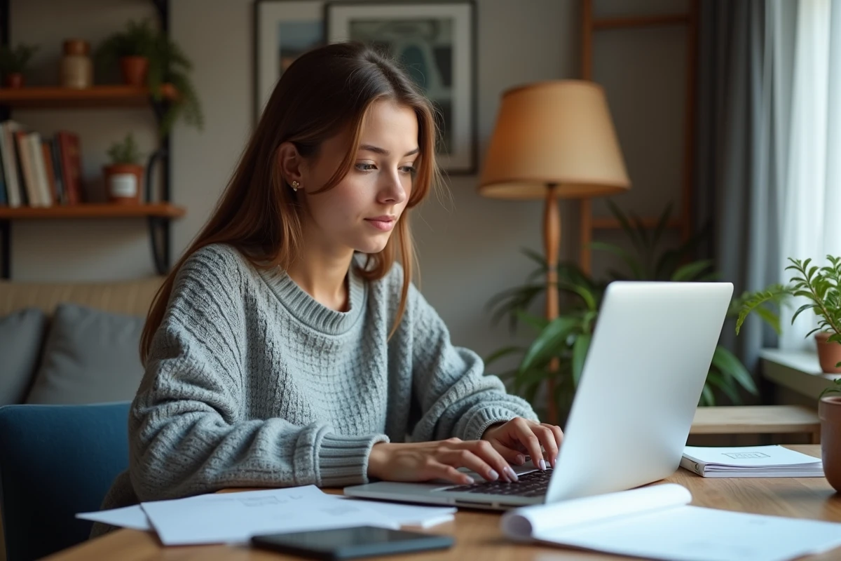 Femme jeune étudiant relisant ses résultats sur ordinateur