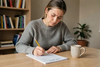 Femme concentrée remplissant un test de QI officiel sur papier à son bureau à domicile