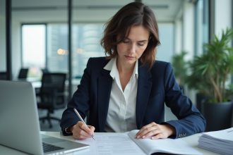Femme en bureau moderne avec manuel de formation