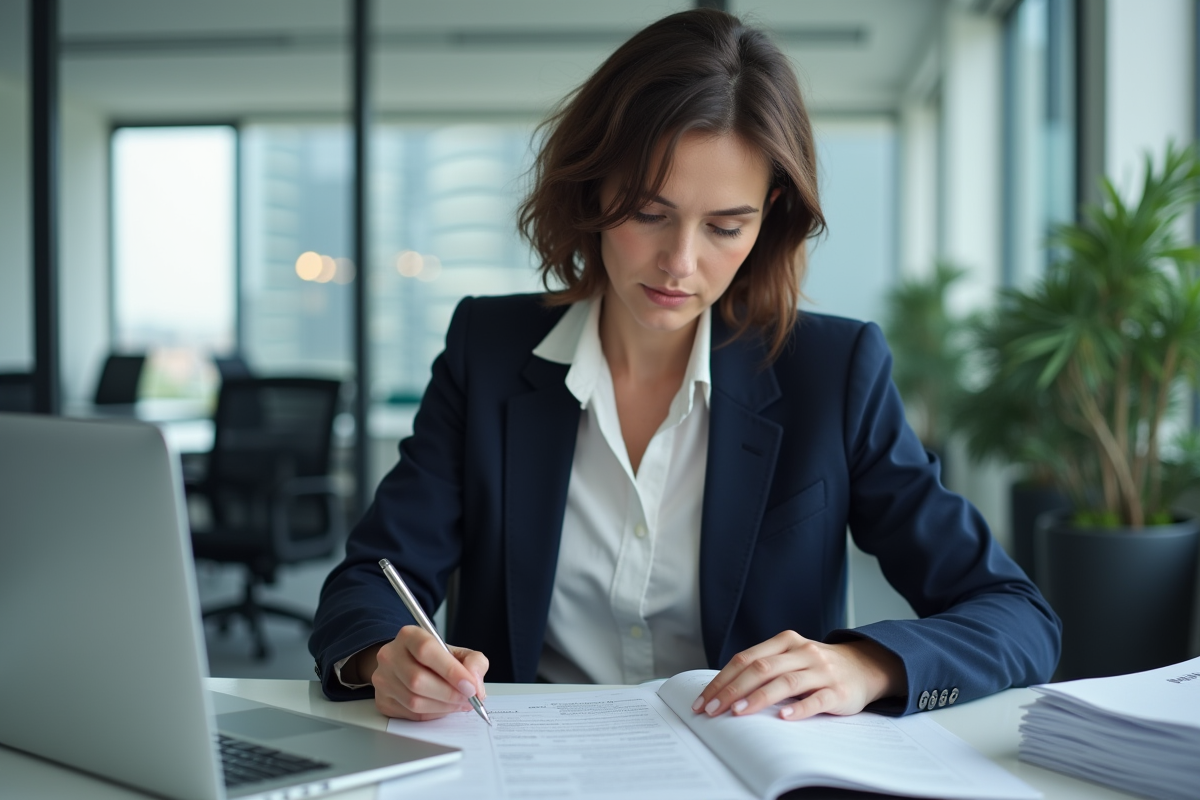 Femme en bureau moderne avec manuel de formation