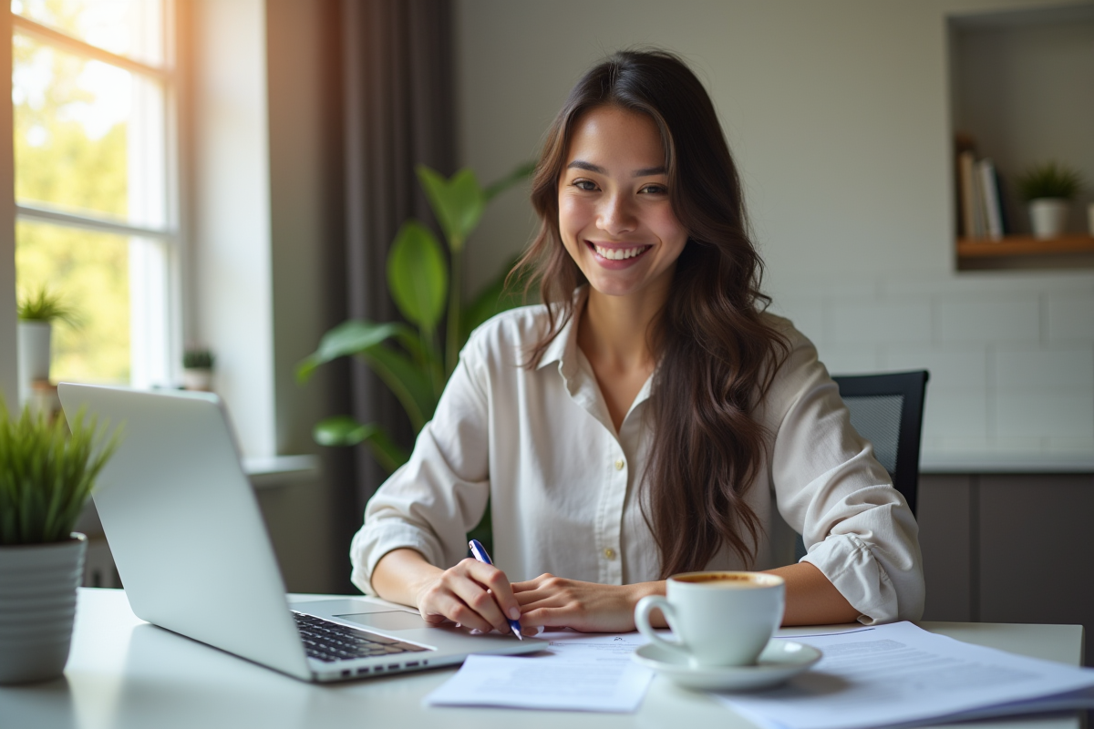 Jeune femme souriante travaillant à domicile avec documents et ordinateur