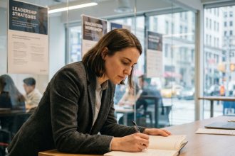 Jeune femme en formation dans un bureau moderne