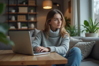 Jeune femme concentrée travaillant à son bureau à domicile