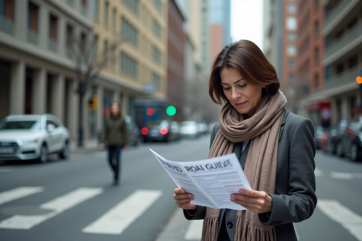 Femme en ville examinant un panneau de signalisation routière