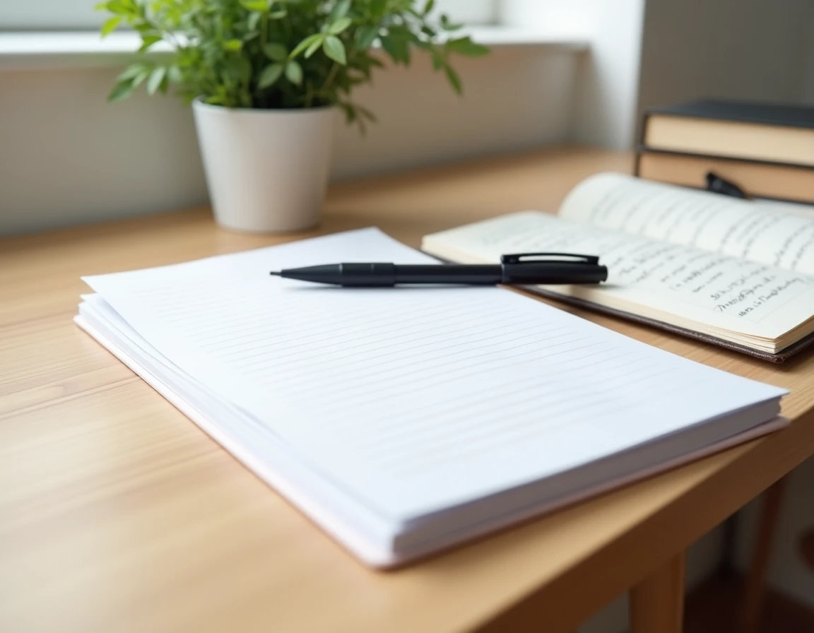 Pile de feuilles seyes à gros carreaux imprimées posées sur un bureau en bois avec un stylo plume