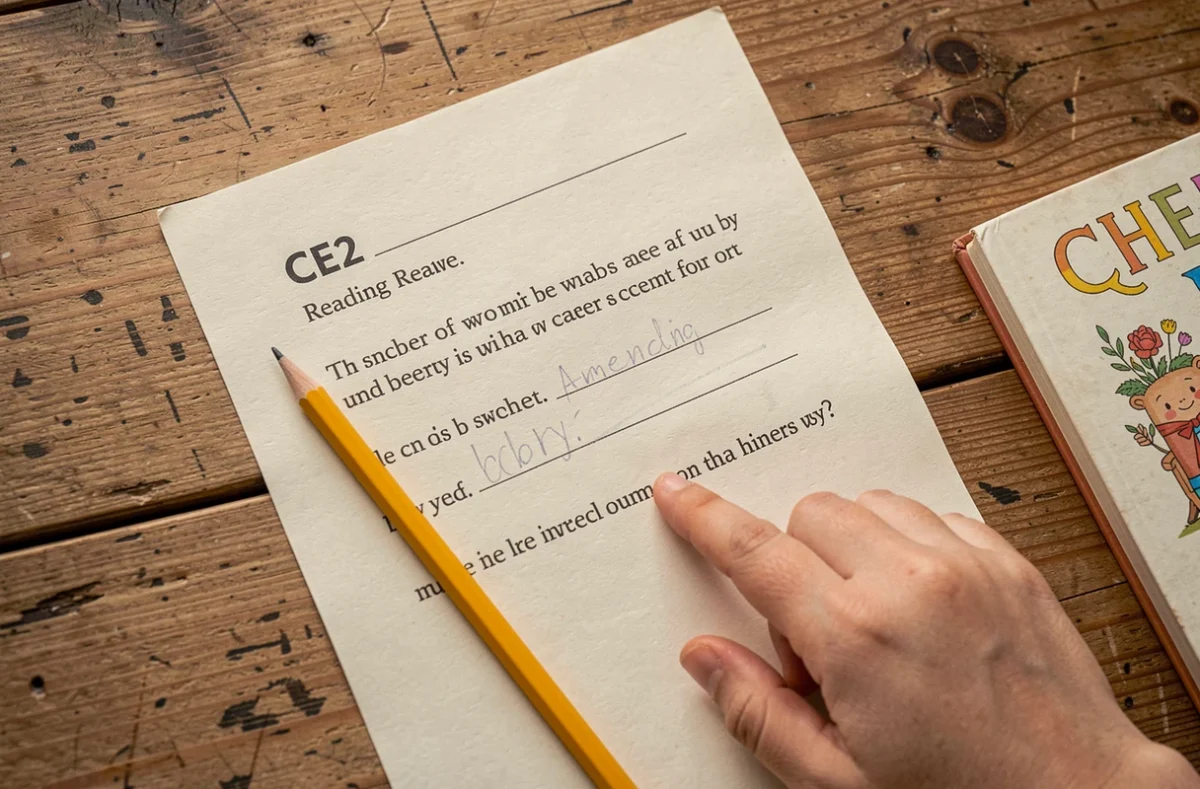 Vue du dessus d'une fiche de lecture CE2 annotée au crayon posée sur une table en bois avec un livre illustré