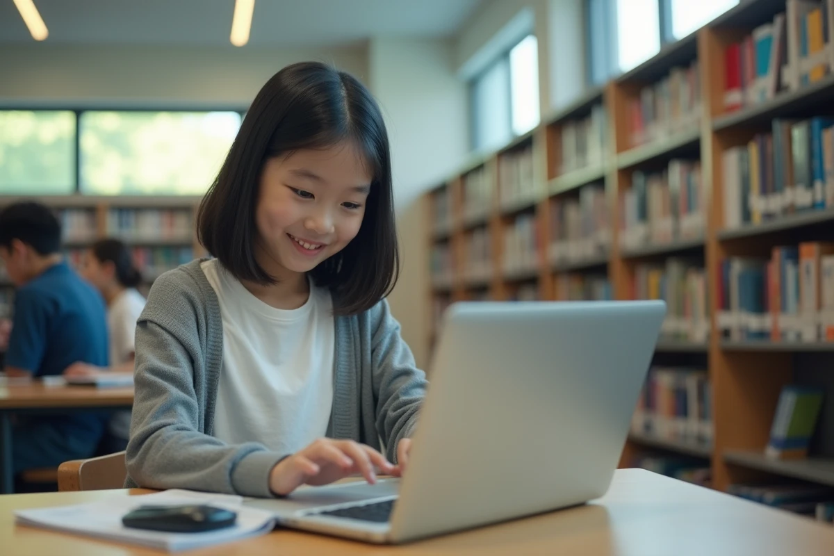 Fille de 13 ans travaillant sur un ordinateur dans une bibliothèque