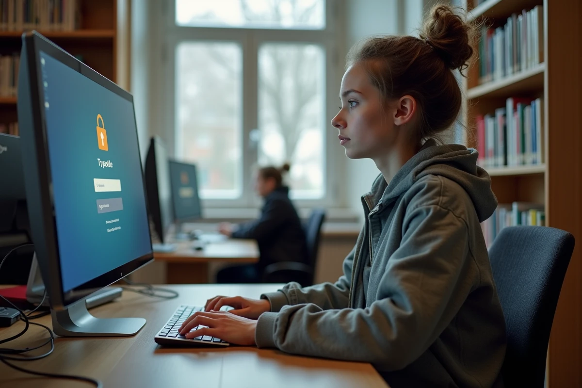 Jeune fille apprentie concentrée sur son ordinateur en bibliothèque