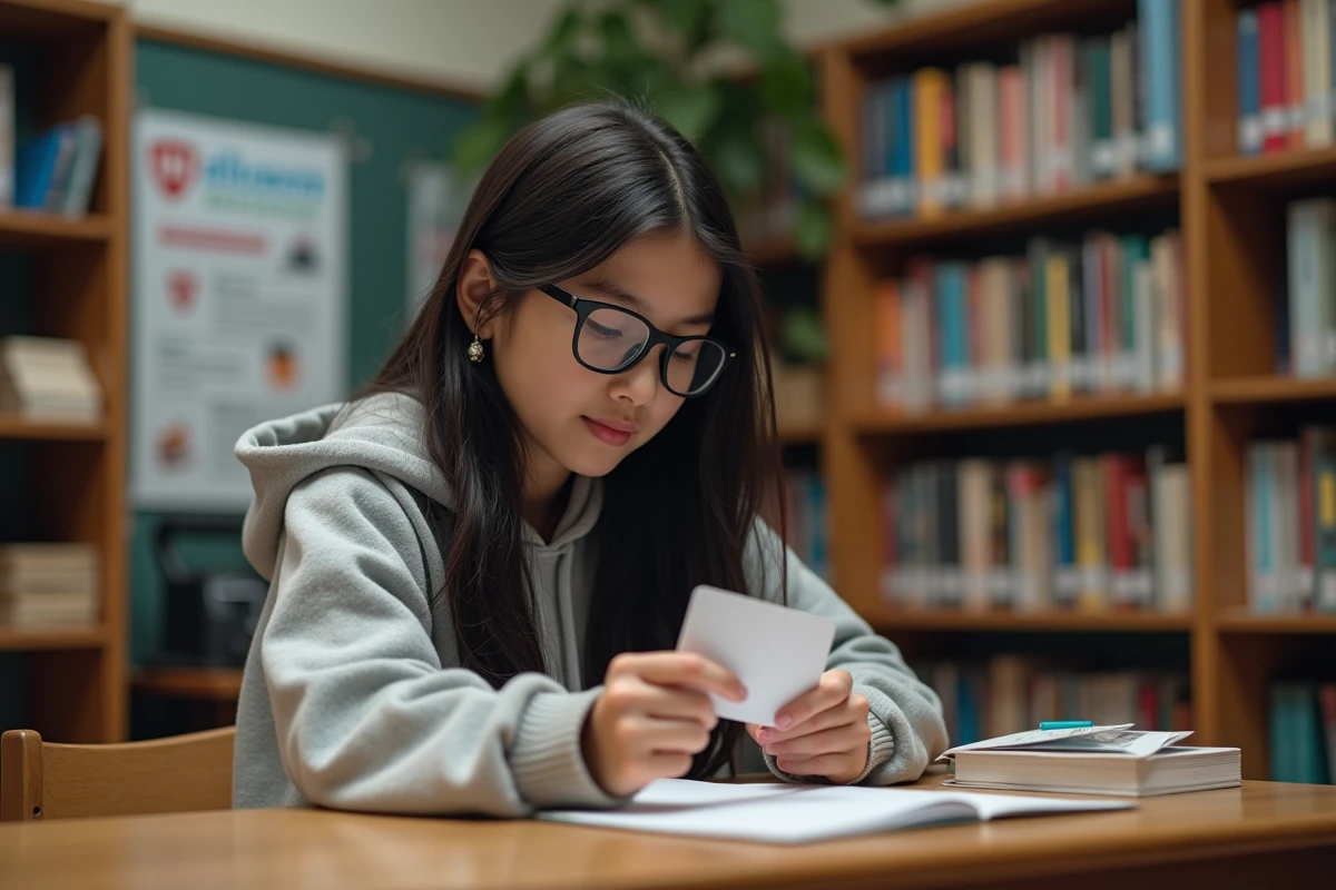 Fille avec lunettes examinant sa carte d