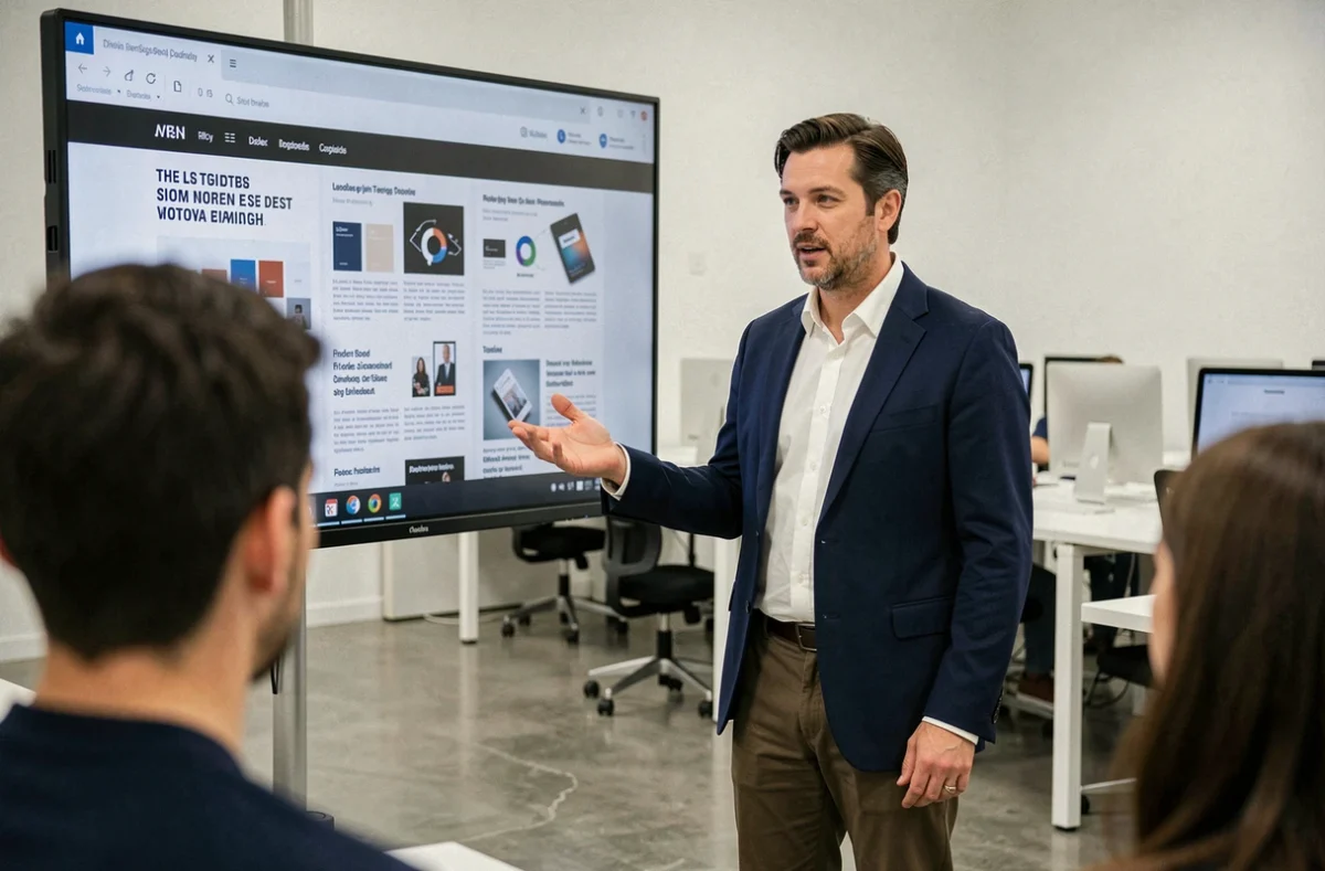 Formateur en design présentant des projets créatifs sur écran numérique dans une salle de cours d'une académie d'innovation