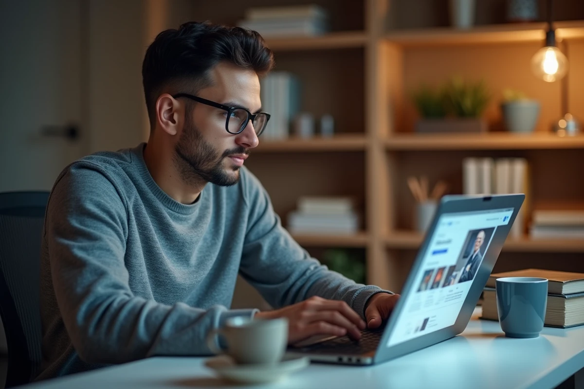 Homme en télétravail suivant une formation en ligne sur son ordinateur portable depuis son bureau à domicile