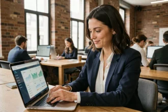 Femme professionnelle en formation digitale dans un espace de co-working parisien moderne