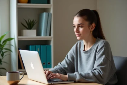 Jeune femme suivant une formation en ligne sur ordinateur portable dans un bureau à domicile moderne