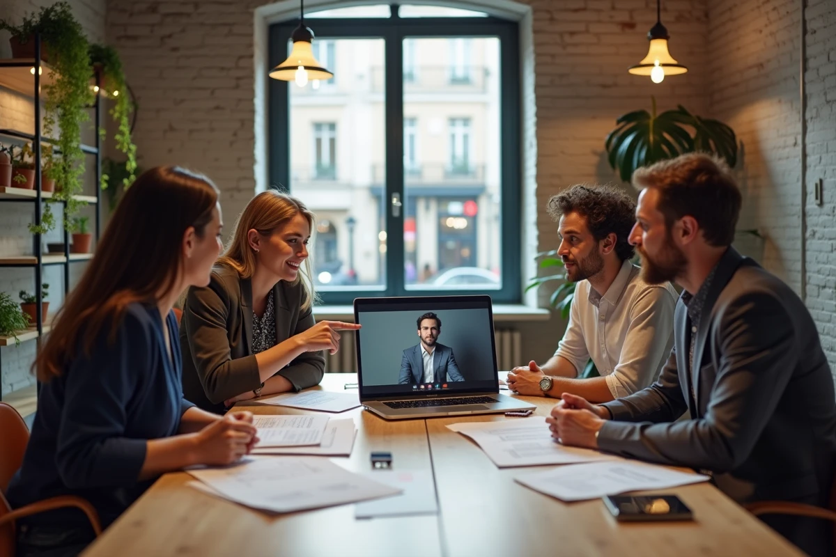 Groupe de professionnels en atelier de formation hybride combinant présentiel et outils numériques dans un espace de coworking parisien