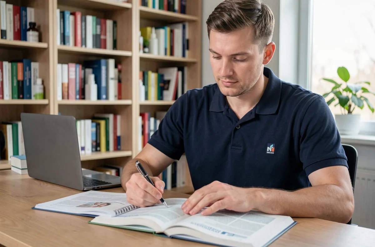 Jeune homme étudiant des cours de formation en parapharmacie sur un bureau en bois entouré de manuels et documents de santé