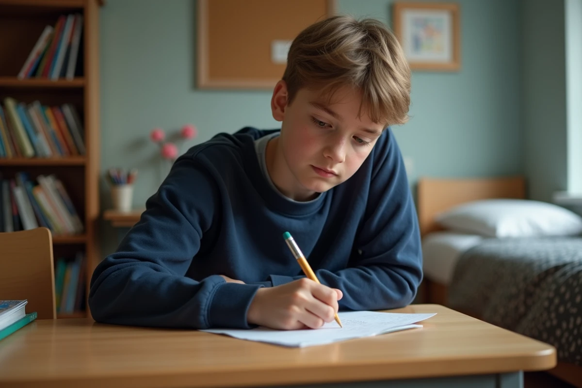 Garçon de 14 ans écrivant une lettre dans sa chambre