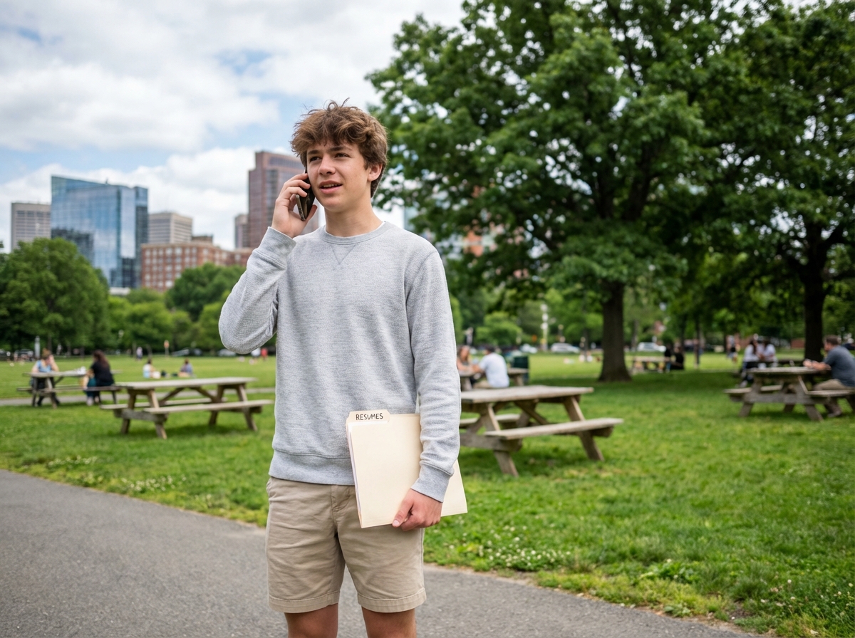 Adolescent dans un parc parle au téléphone avec un dossier de CV