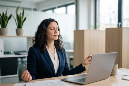 Femme cadre pratiquant la pleine conscience à son bureau pour gérer le stress au travail