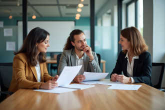 Groupe de professionnels en réunion d'évaluation