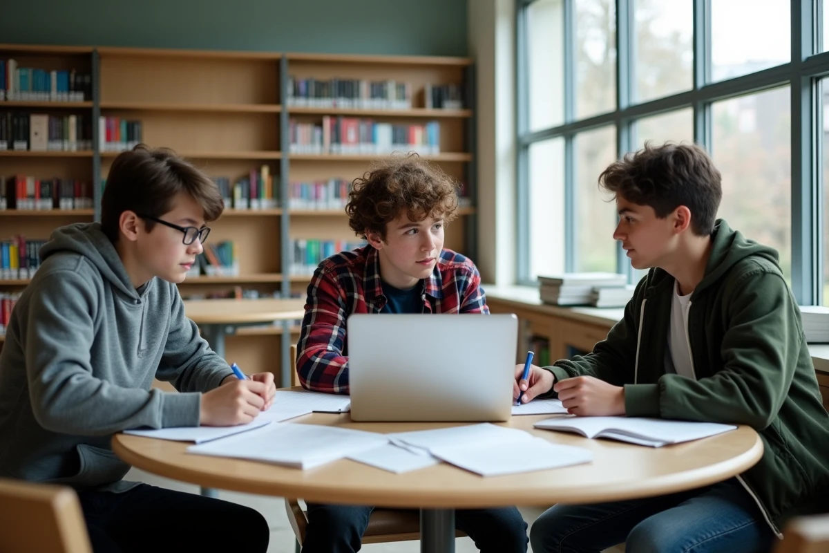 Groupe d'élèves en ULIS lycée collaborant sur un projet dans la bibliothèque scolaire