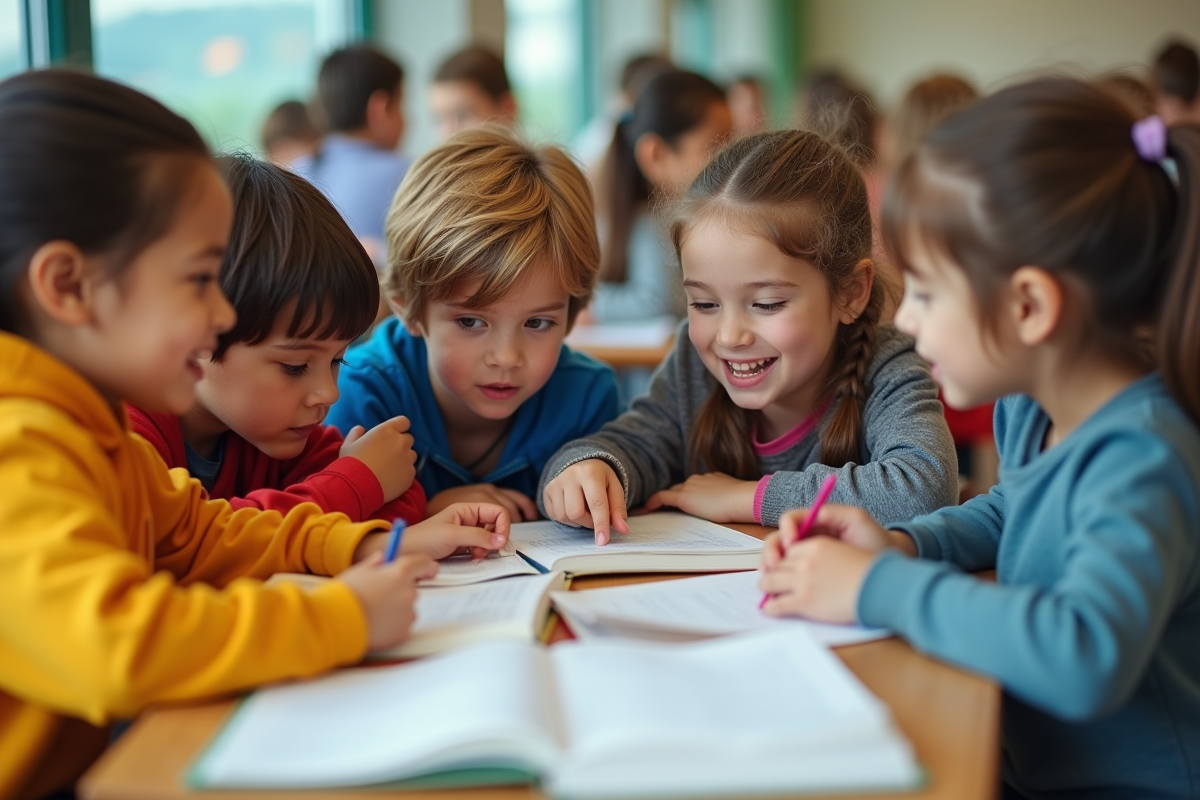 Groupe d enfants de 9 a 10 ans travaillant ensemble