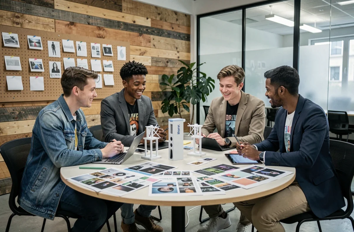 Groupe d'étudiants en session de brainstorming créatif autour d'une table dans une académie de design et innovation
