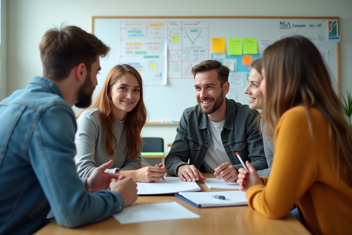 Jeunes adultes en discussion dans une salle lumineuse