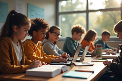 Groupe d'étudiants dans une salle moderne avec technologie et livres