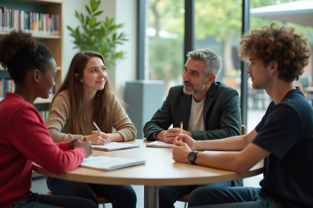 Groupe d élèves discutant avec un mentor dans un centre de ressources lumineux