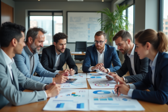 Groupe de professionnels en réunion dans un bureau moderne