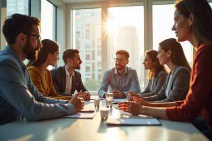 Groupe de jeunes professionnels discutant dans un bureau moderne