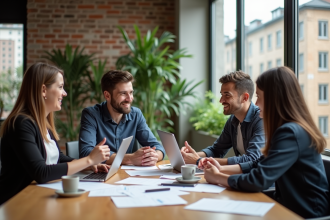 Groupe de jeunes adultes en coworking discutant d'idées startup