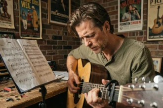Guitariste homme étudiant une tablature Let It Be des Beatles sur un pupitre dans un studio maison avec guitare acoustique