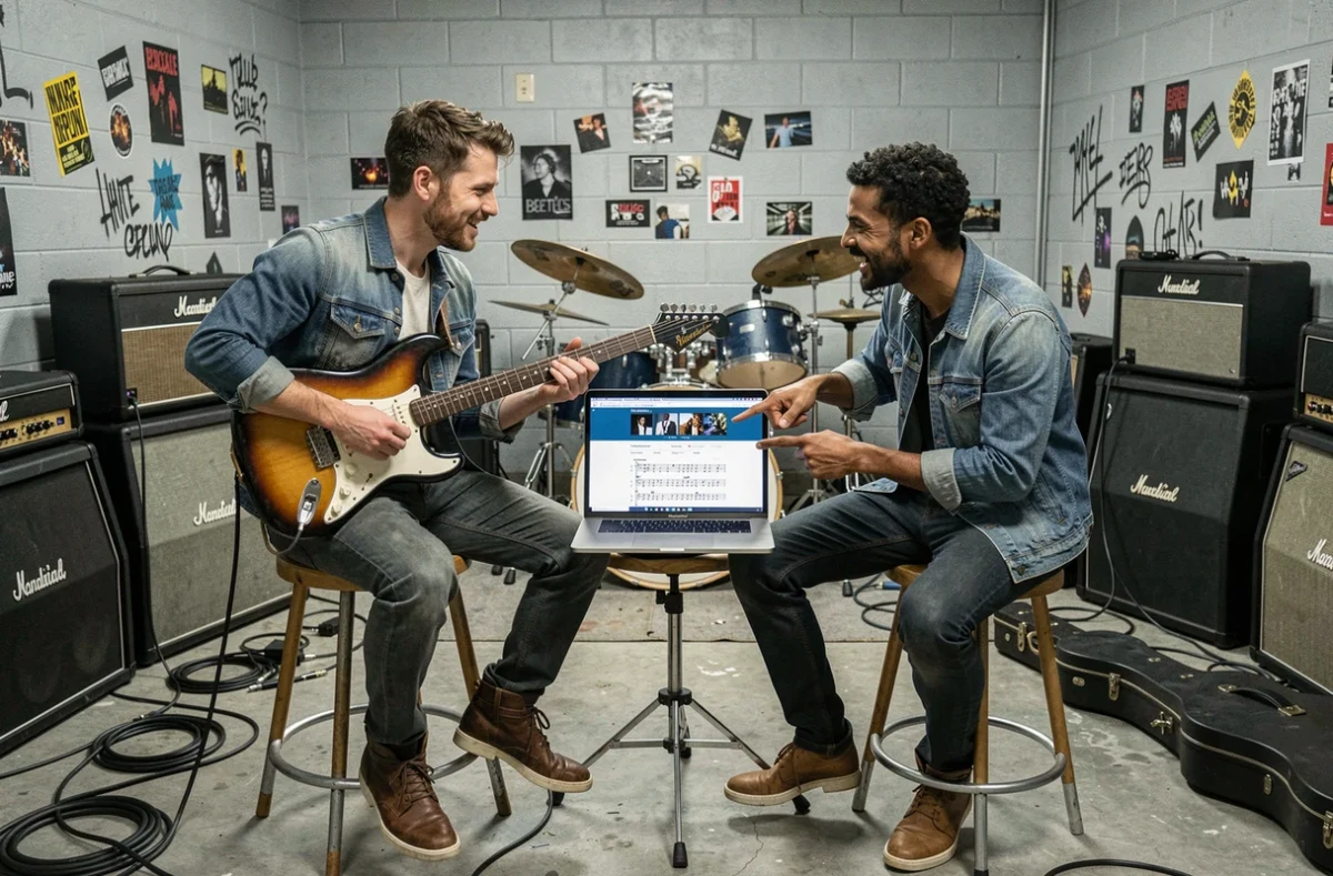 Deux guitaristes comparant une tablature Let It Be des Beatles sur un ordinateur portable dans une salle de répétition