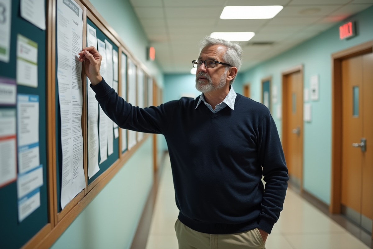 Homme affichant une note de formation dans un couloir