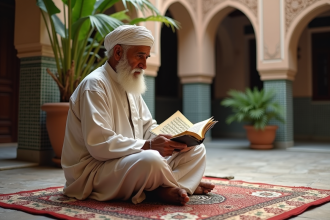Homme âgé marocain lisant un vieux manuscrit dans un riad