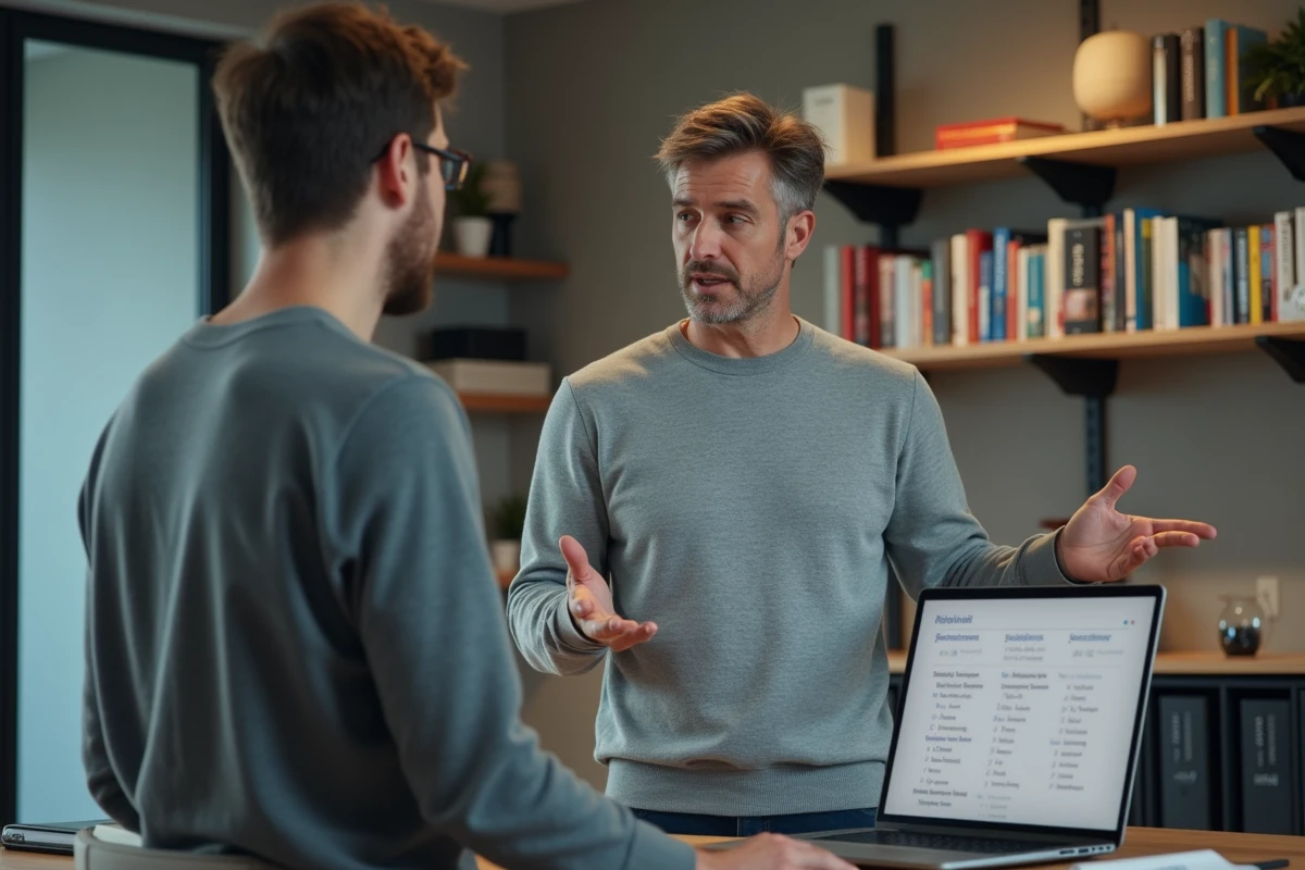 Homme adulte apprenant le futur en espagnol sur ordinateur dans un bureau à domicile