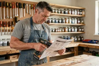 Homme bricoleur consultant un tutoriel de bricolage dans un atelier bien organisé avec des outils accrochés au mur