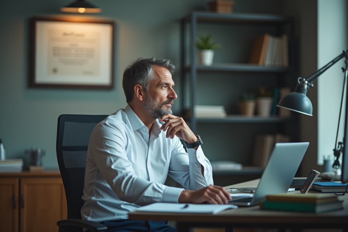 Homme d age au bureau regardant un diplome encadre