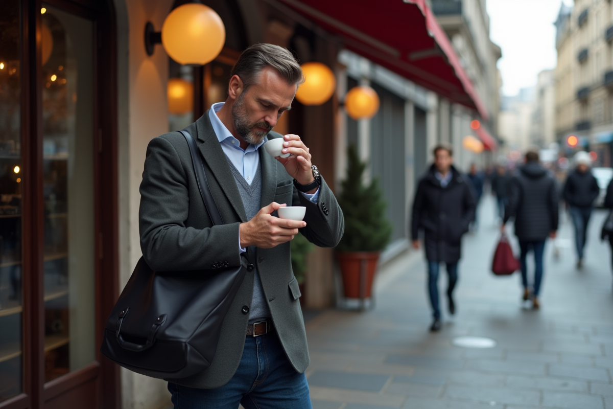 Homme d affaires vérifiant sa montre devant un café en ville